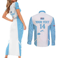 Custom Fiji Tapa Rugby Couples Matching Short Sleeve Bodycon Dress and Long Sleeve Button Shirt Flying Fijian Blue And White Version LT14 - Polynesian Pride