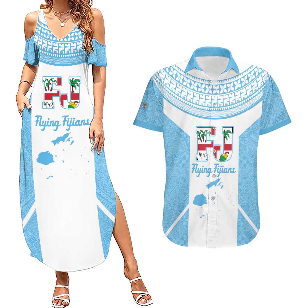 Custom Fiji Tapa Rugby Couples Matching Summer Maxi Dress and Hawaiian Shirt Flying Fijian Blue And White Version LT14 Blue - Polynesian Pride