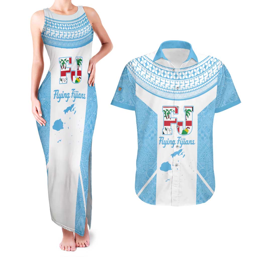 Custom Fiji Tapa Rugby Couples Matching Tank Maxi Dress and Hawaiian Shirt Flying Fijian Blue And White Version LT14 Blue - Polynesian Pride