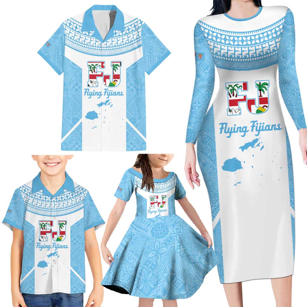 Custom Fiji Tapa Rugby Family Matching Long Sleeve Bodycon Dress and Hawaiian Shirt Flying Fijian Blue And White Version LT14 - Polynesian Pride