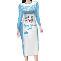 Custom Fiji Tapa Rugby Family Matching Long Sleeve Bodycon Dress and Hawaiian Shirt Flying Fijian Blue And White Version LT14 Mom's Dress Blue - Polynesian Pride