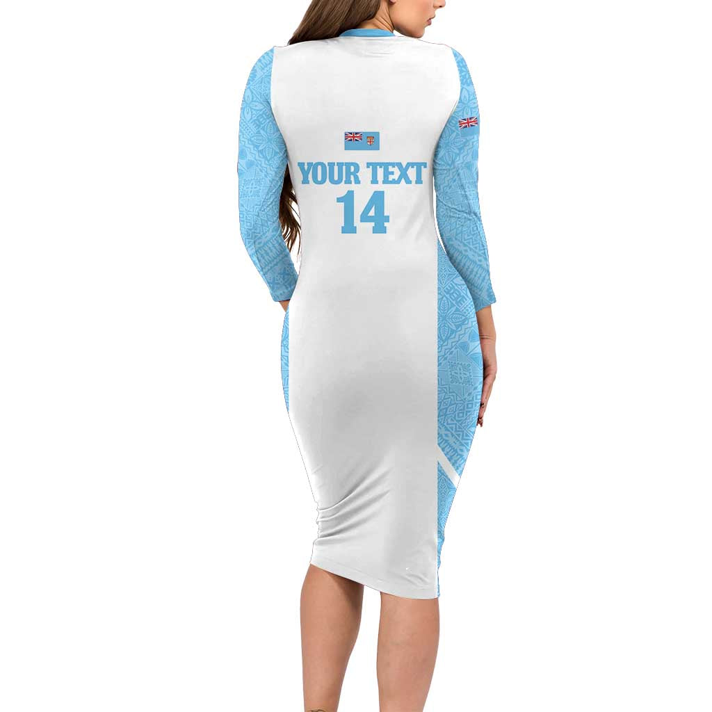 Custom Fiji Tapa Rugby Family Matching Long Sleeve Bodycon Dress and Hawaiian Shirt Flying Fijian Blue And White Version LT14 - Polynesian Pride
