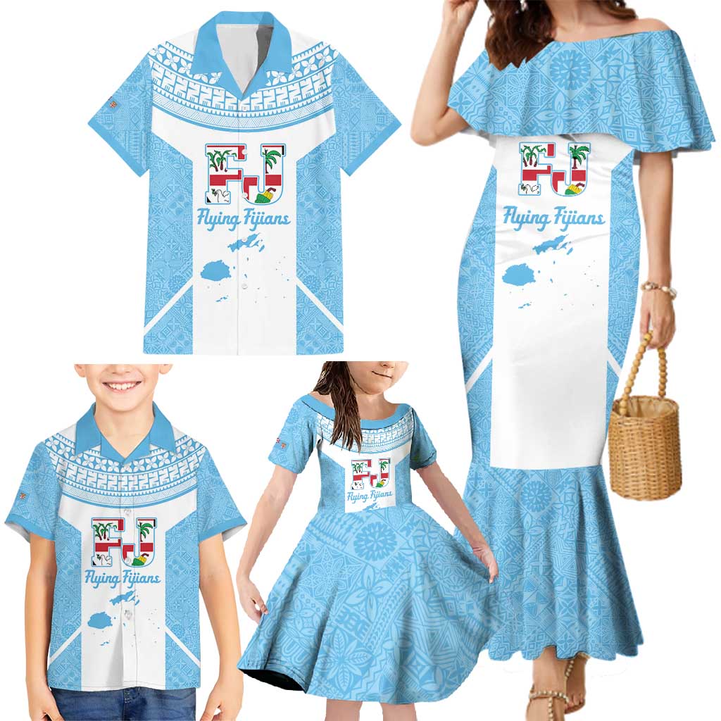 Custom Fiji Tapa Rugby Family Matching Mermaid Dress and Hawaiian Shirt Flying Fijian Blue And White Version LT14 - Polynesian Pride