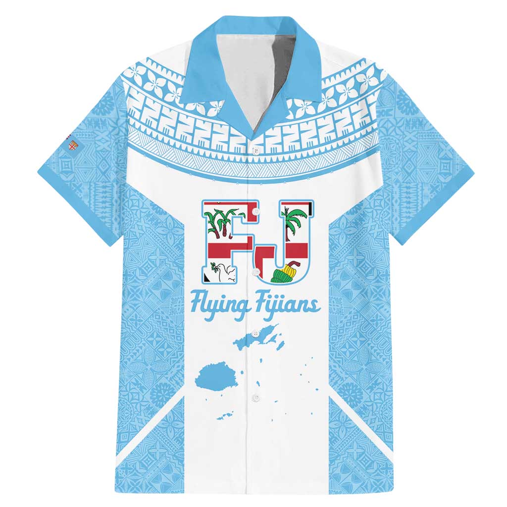 Custom Fiji Tapa Rugby Family Matching Mermaid Dress and Hawaiian Shirt Flying Fijian Blue And White Version LT14 Dad's Shirt - Short Sleeve Blue - Polynesian Pride