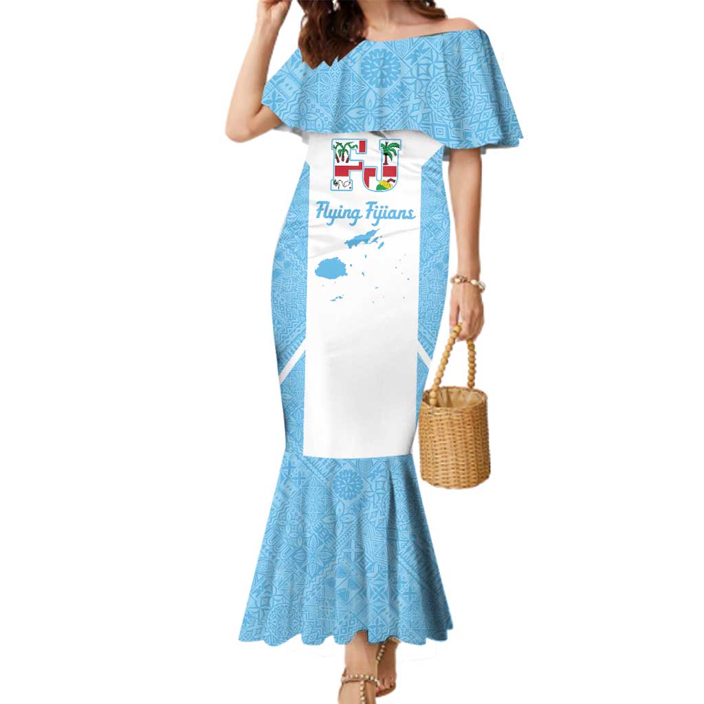 Custom Fiji Tapa Rugby Family Matching Mermaid Dress and Hawaiian Shirt Flying Fijian Blue And White Version LT14 Mom's Dress Blue - Polynesian Pride