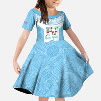 Custom Fiji Tapa Rugby Family Matching Off The Shoulder Long Sleeve Dress and Hawaiian Shirt Flying Fijian Blue And White Version LT14 Daughter's Dress Blue - Polynesian Pride