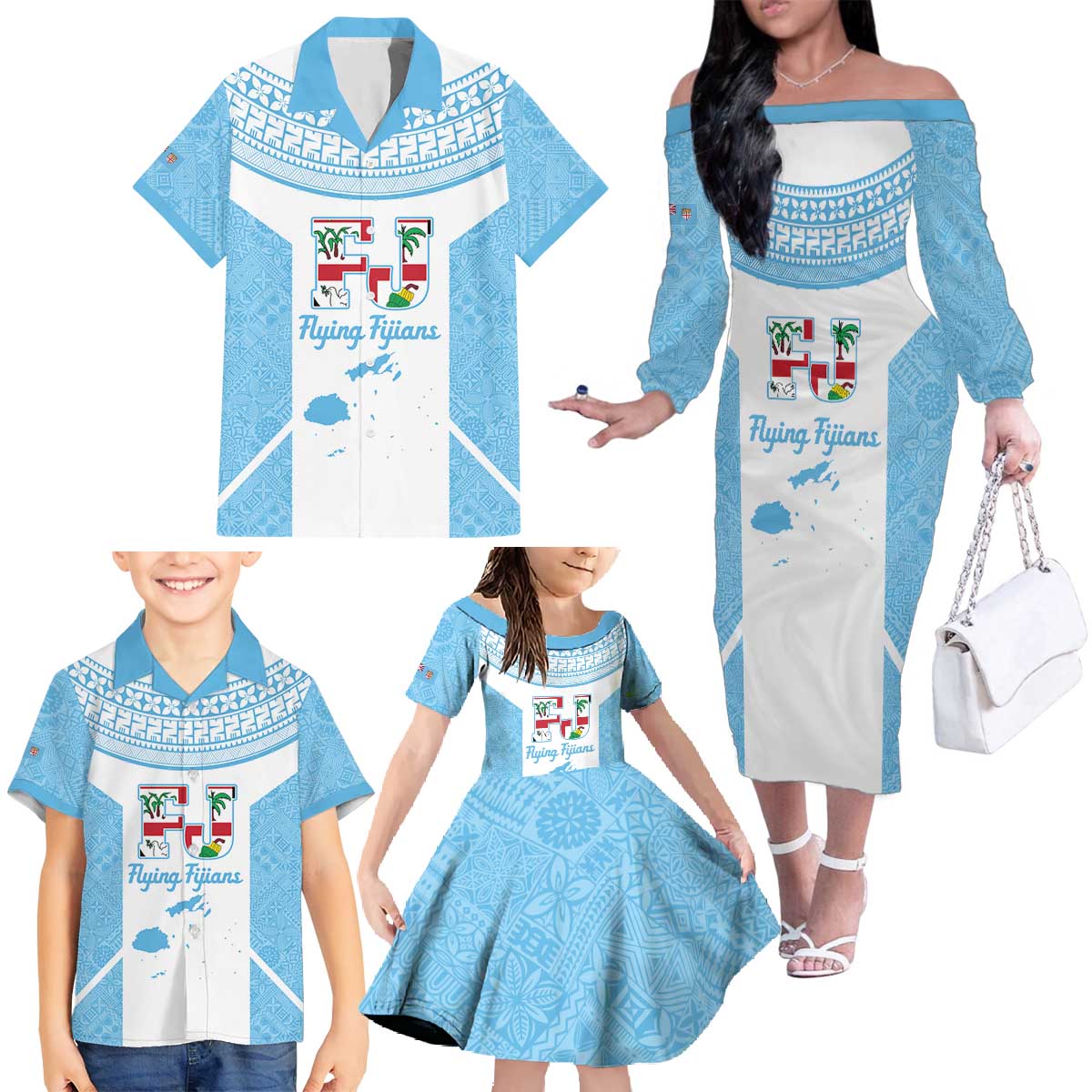 Custom Fiji Tapa Rugby Family Matching Off The Shoulder Long Sleeve Dress and Hawaiian Shirt Flying Fijian Blue And White Version LT14 - Polynesian Pride