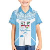 Custom Fiji Tapa Rugby Family Matching Off The Shoulder Long Sleeve Dress and Hawaiian Shirt Flying Fijian Blue And White Version LT14 Son's Shirt Blue - Polynesian Pride
