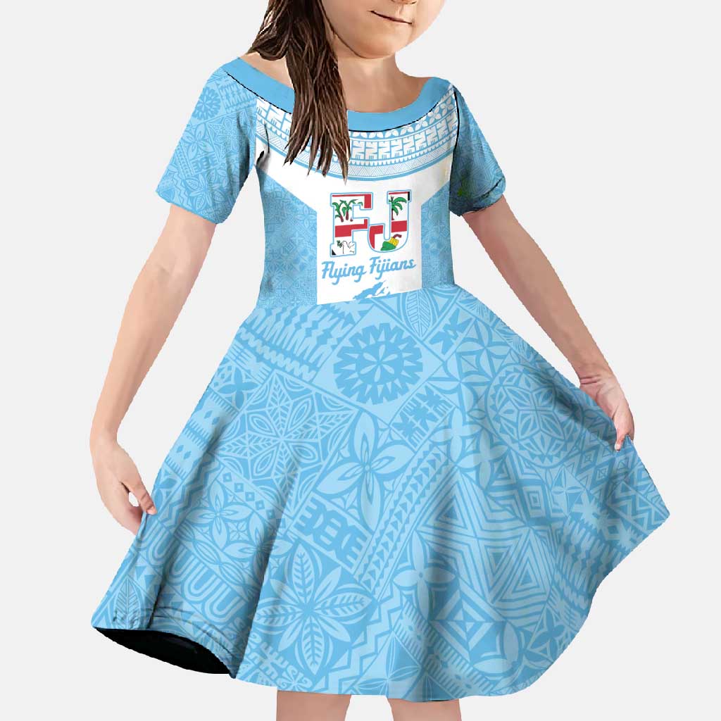 Custom Fiji Tapa Rugby Family Matching Off Shoulder Maxi Dress and Hawaiian Shirt Flying Fijian Blue And White Version LT14 Daughter's Dress Blue - Polynesian Pride