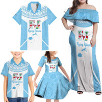 Custom Fiji Tapa Rugby Family Matching Off Shoulder Maxi Dress and Hawaiian Shirt Flying Fijian Blue And White Version LT14 - Polynesian Pride