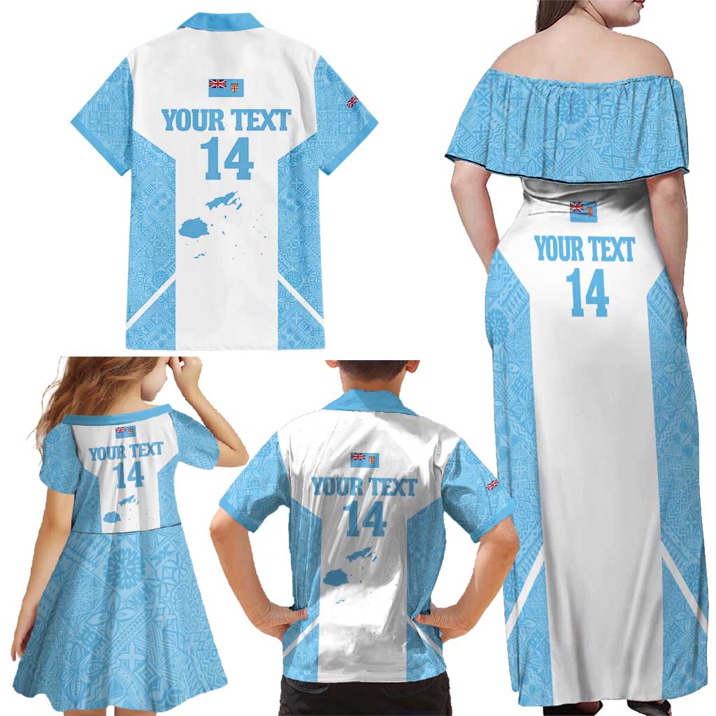 Custom Fiji Tapa Rugby Family Matching Off Shoulder Maxi Dress and Hawaiian Shirt Flying Fijian Blue And White Version LT14 - Polynesian Pride