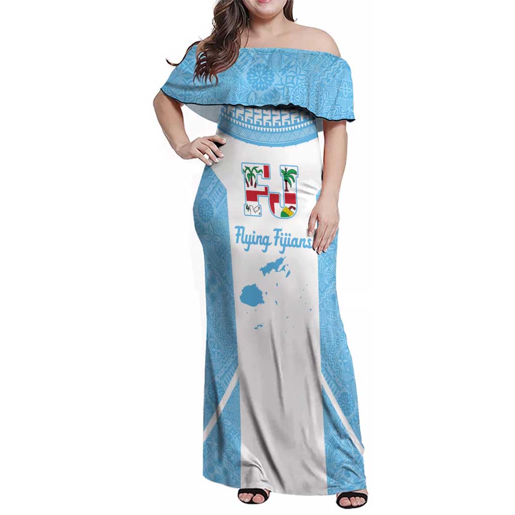 Custom Fiji Tapa Rugby Family Matching Off Shoulder Maxi Dress and Hawaiian Shirt Flying Fijian Blue And White Version LT14 Mom's Dress Blue - Polynesian Pride