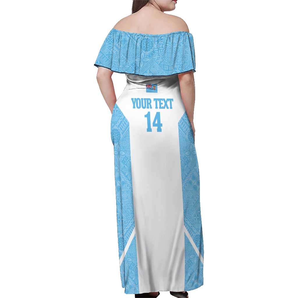 Custom Fiji Tapa Rugby Family Matching Off Shoulder Maxi Dress and Hawaiian Shirt Flying Fijian Blue And White Version LT14 - Polynesian Pride