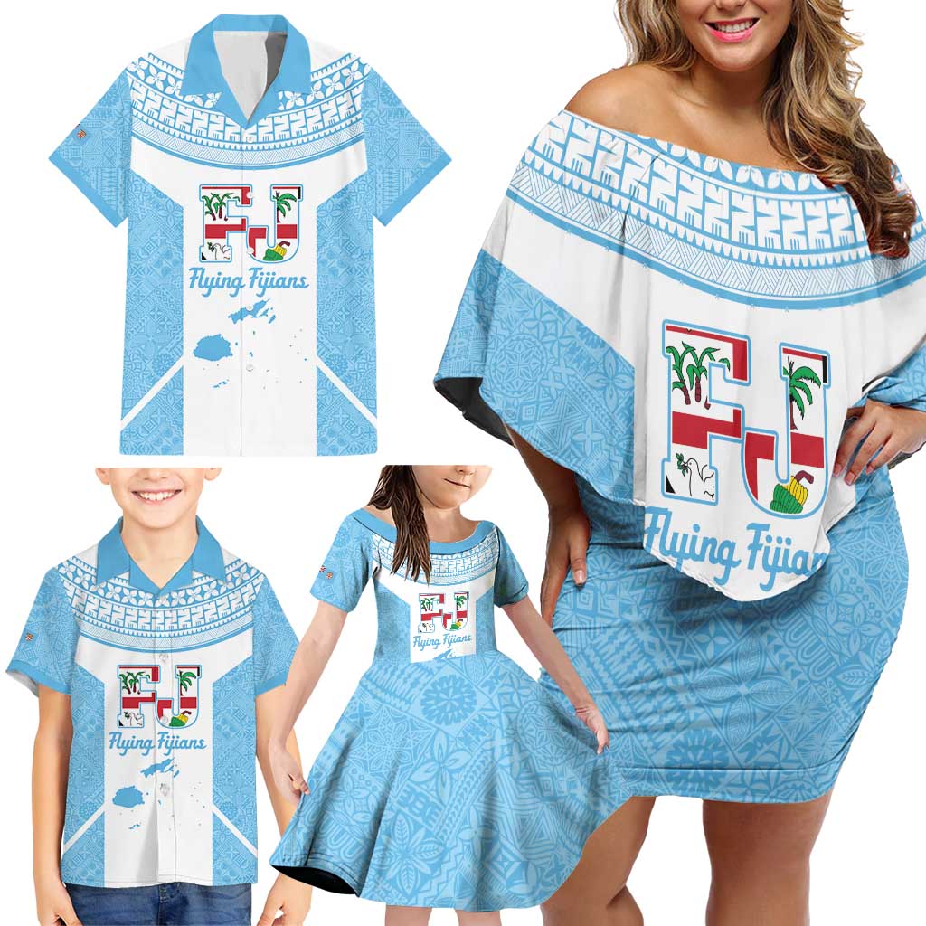Custom Fiji Tapa Rugby Family Matching Off Shoulder Short Dress and Hawaiian Shirt Flying Fijian Blue And White Version LT14 - Polynesian Pride