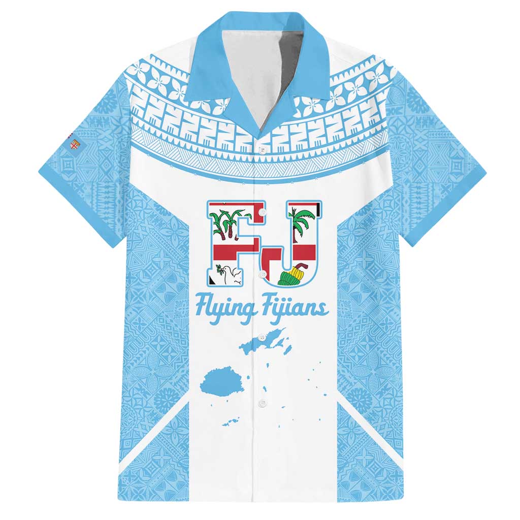 Custom Fiji Tapa Rugby Family Matching Off Shoulder Short Dress and Hawaiian Shirt Flying Fijian Blue And White Version LT14 Dad's Shirt - Short Sleeve Blue - Polynesian Pride