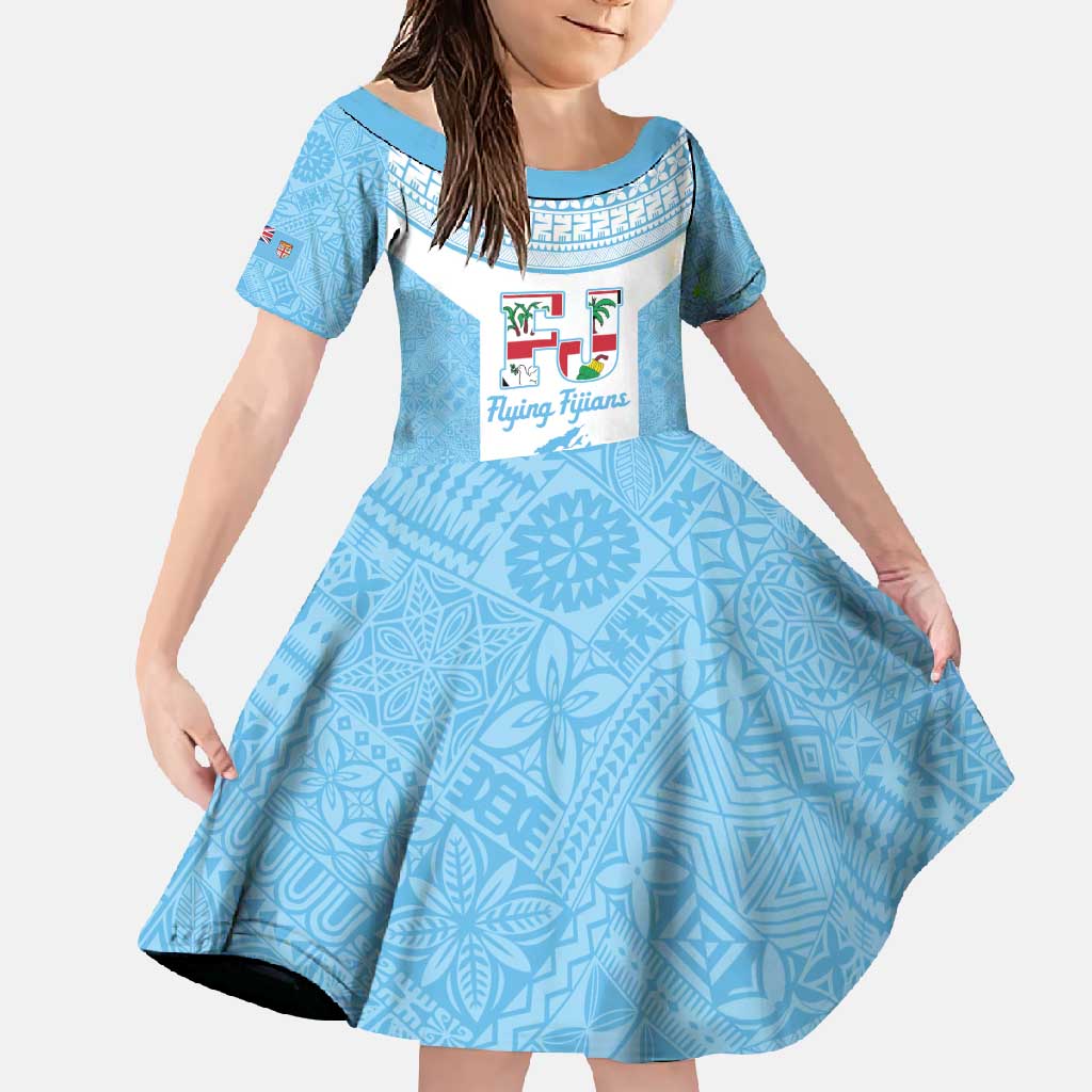 Custom Fiji Tapa Rugby Family Matching Short Sleeve Bodycon Dress and Hawaiian Shirt Flying Fijian Blue And White Version LT14 Daughter's Dress Blue - Polynesian Pride