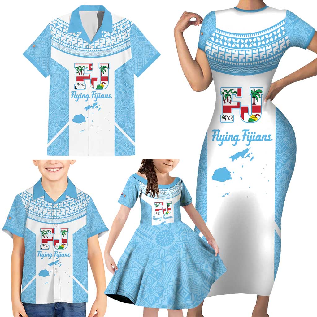Custom Fiji Tapa Rugby Family Matching Short Sleeve Bodycon Dress and Hawaiian Shirt Flying Fijian Blue And White Version LT14 - Polynesian Pride