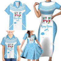 Custom Fiji Tapa Rugby Family Matching Short Sleeve Bodycon Dress and Hawaiian Shirt Flying Fijian Blue And White Version LT14 - Polynesian Pride