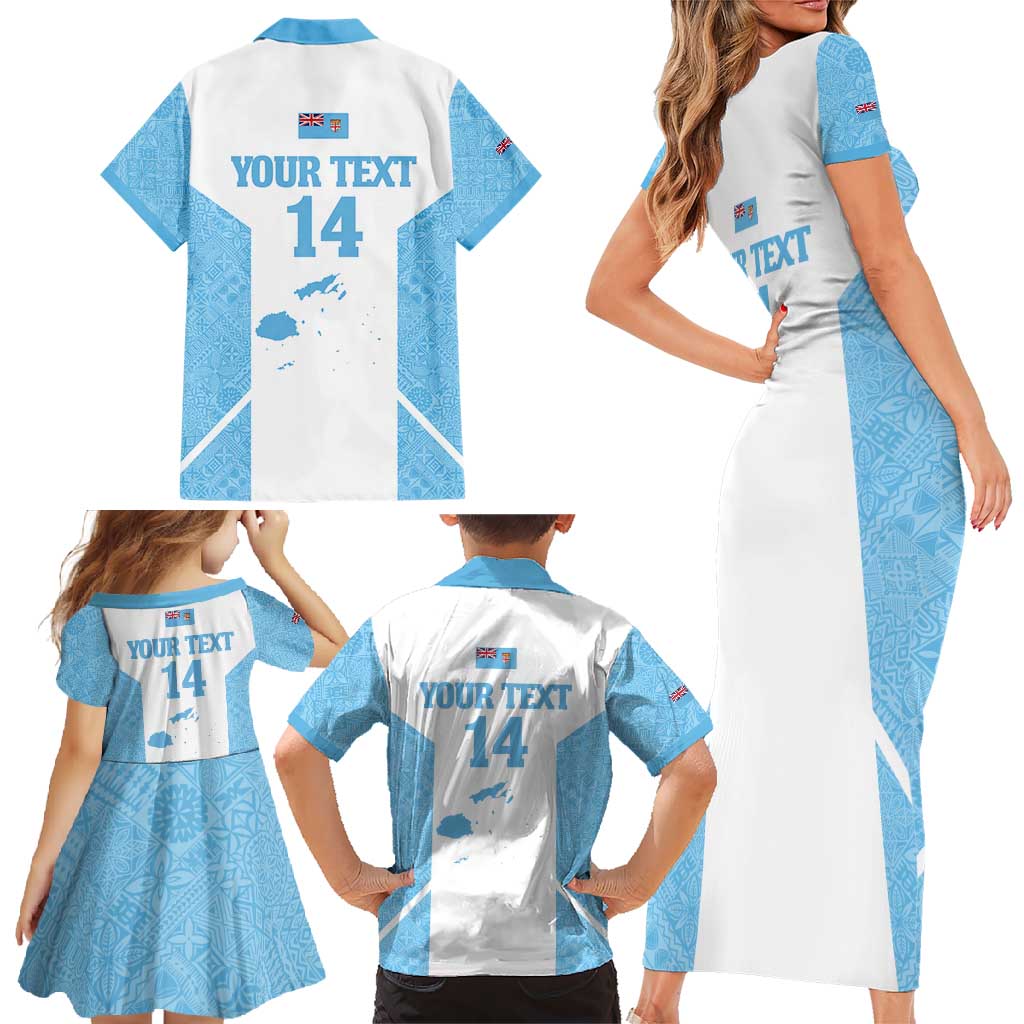 Custom Fiji Tapa Rugby Family Matching Short Sleeve Bodycon Dress and Hawaiian Shirt Flying Fijian Blue And White Version LT14 - Polynesian Pride