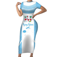 Custom Fiji Tapa Rugby Family Matching Short Sleeve Bodycon Dress and Hawaiian Shirt Flying Fijian Blue And White Version LT14 Mom's Dress Blue - Polynesian Pride