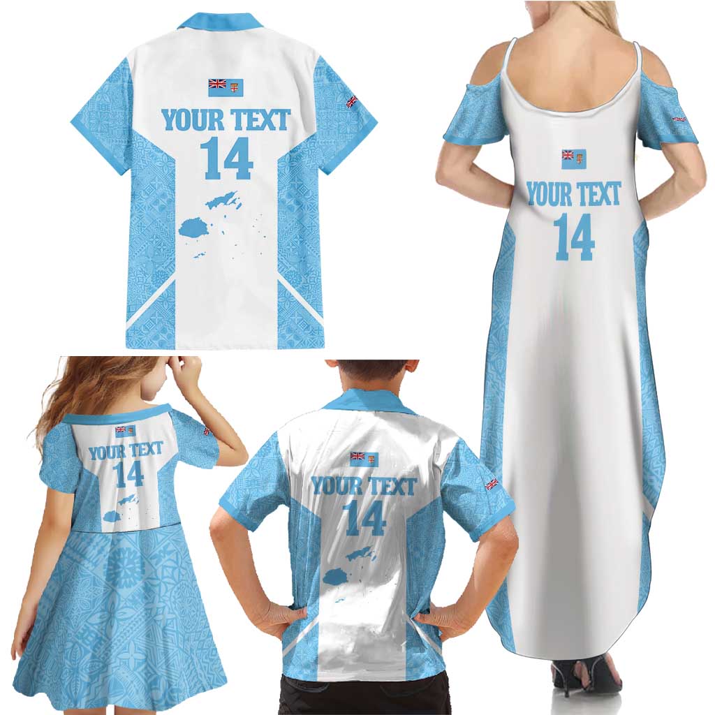 Custom Fiji Tapa Rugby Family Matching Summer Maxi Dress and Hawaiian Shirt Flying Fijian Blue And White Version LT14 - Polynesian Pride