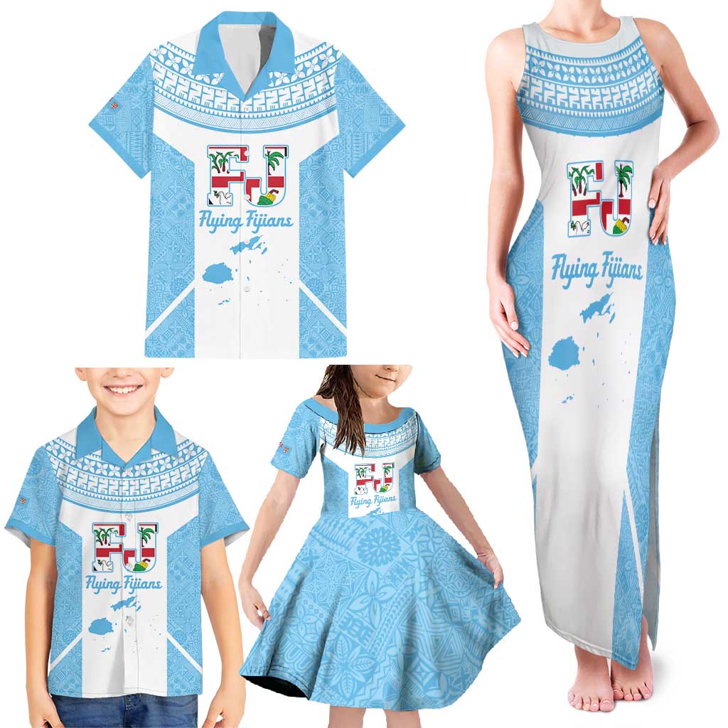 Custom Fiji Tapa Rugby Family Matching Tank Maxi Dress and Hawaiian Shirt Flying Fijian Blue And White Version LT14 - Polynesian Pride