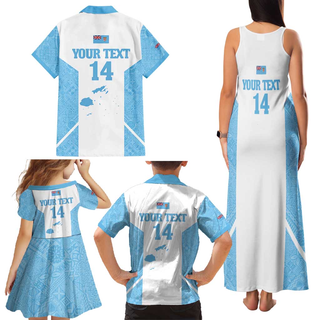 Custom Fiji Tapa Rugby Family Matching Tank Maxi Dress and Hawaiian Shirt Flying Fijian Blue And White Version LT14 - Polynesian Pride