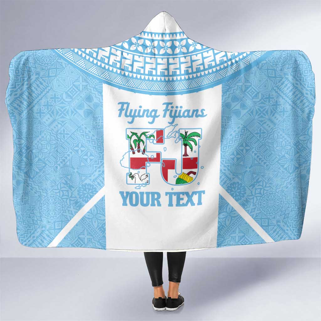 Custom Fiji Tapa Rugby Hooded Blanket Flying Fijian Blue And White Version
