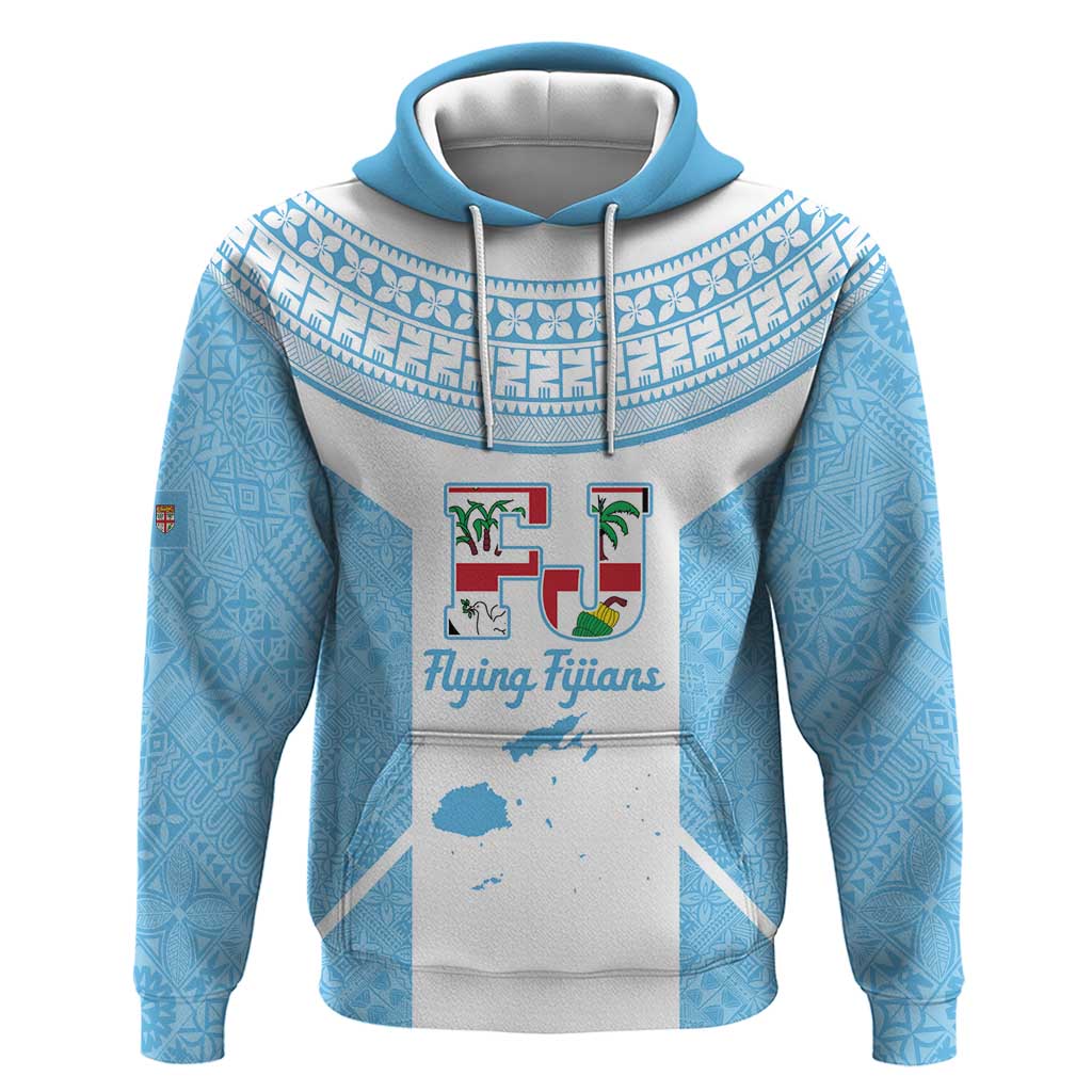 Custom Fiji Tapa Rugby Hoodie Flying Fijian Blue And White Version
