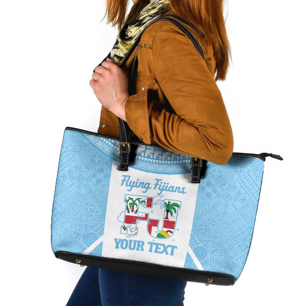 Custom Fiji Tapa Rugby Leather Tote Bag Flying Fijian Blue And White Version