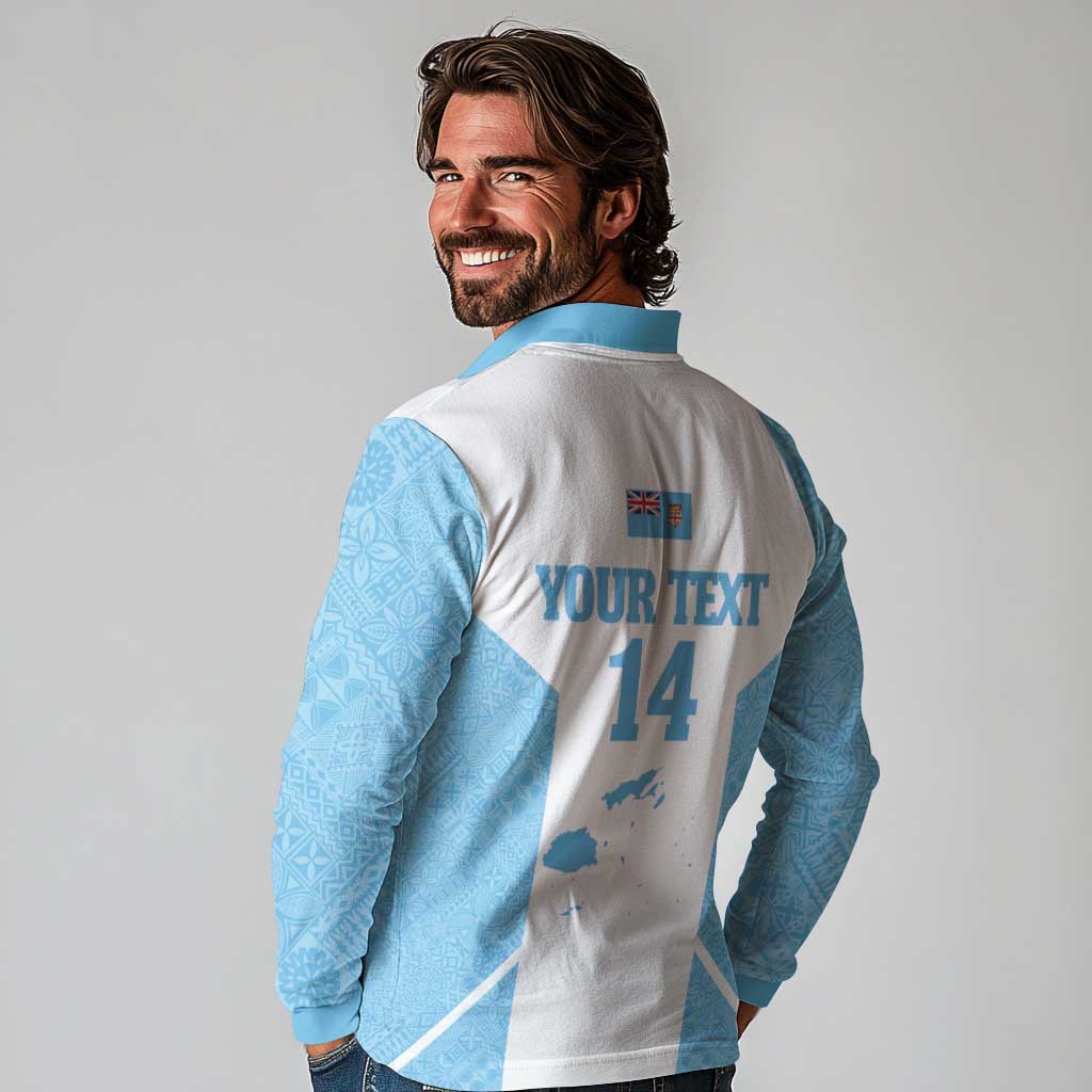 Custom Fiji Tapa Rugby Long Sleeve Polo Shirt Flying Fijian Blue And White Version