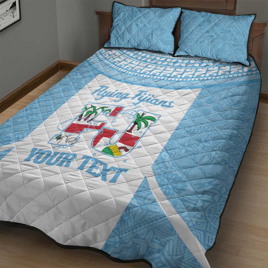 Custom Fiji Tapa Rugby Quilt Bed Set Flying Fijian Blue And White Version