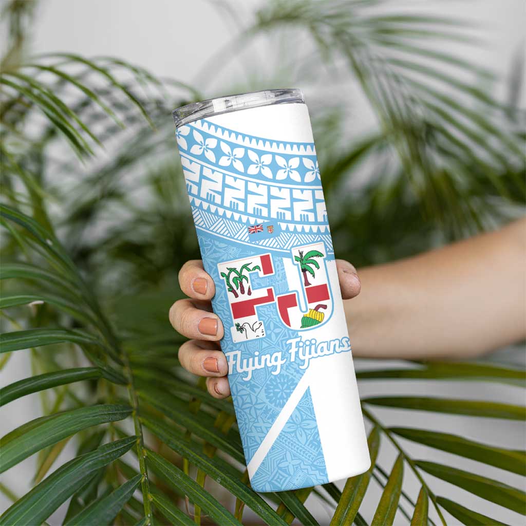 Custom Fiji Tapa Rugby Skinny Tumbler Flying Fijian Blue And White Version