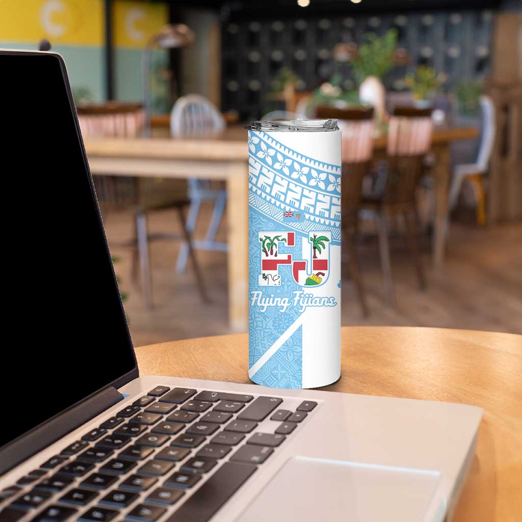 Custom Fiji Tapa Rugby Skinny Tumbler Flying Fijian Blue And White Version