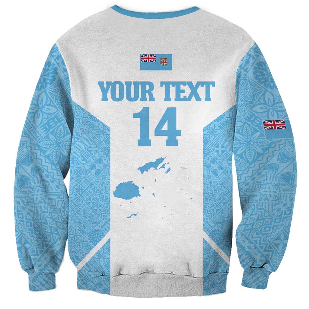 Custom Fiji Tapa Rugby Sweatshirt Flying Fijian Blue And White Version