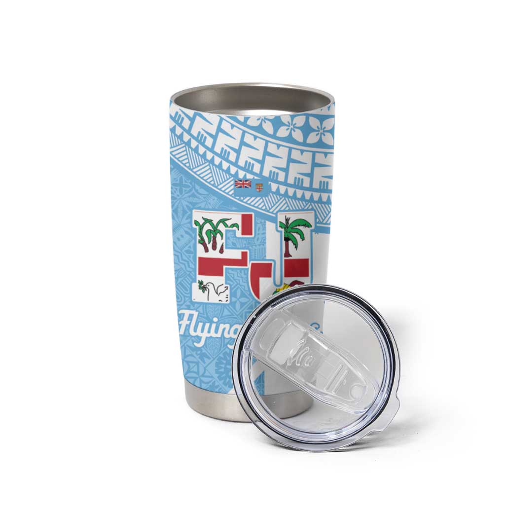 Custom Fiji Tapa Rugby Tumbler Cup Flying Fijian Blue And White Version