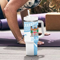Custom Fiji Tapa Rugby Tumbler With Handle Flying Fijian Blue And White Version