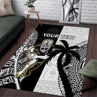 Custom Fiji And New Zealand Rugby Area Rug Aotearoa Silver Fern Mix Fijian Tapa Pattern LT14 Black - Polynesian Pride