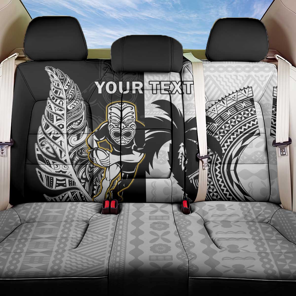 Custom Fiji And New Zealand Rugby Back Car Seat Cover Aotearoa Silver Fern Mix Fijian Tapa Pattern LT14 One Size Black - Polynesian Pride