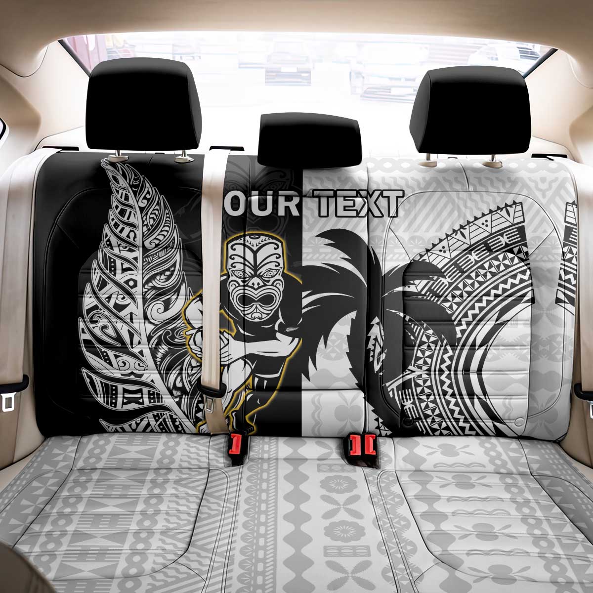 Custom Fiji And New Zealand Rugby Back Car Seat Cover Aotearoa Silver Fern Mix Fijian Tapa Pattern LT14 - Polynesian Pride
