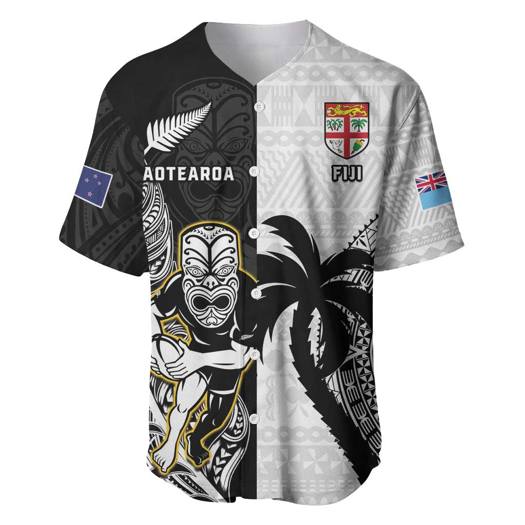 Custom Fiji And New Zealand Rugby Baseball Jersey Aotearoa Silver Fern Mix Fijian Tapa Pattern LT14 Black - Polynesian Pride