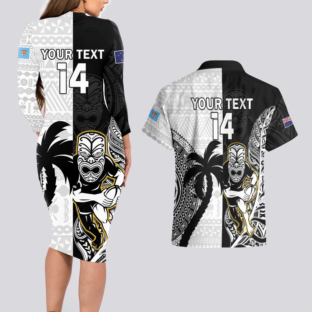 Custom Fiji And New Zealand Rugby Couples Matching Long Sleeve Bodycon Dress and Hawaiian Shirt Aotearoa Silver Fern Mix Fijian Tapa Pattern LT14 - Polynesian Pride