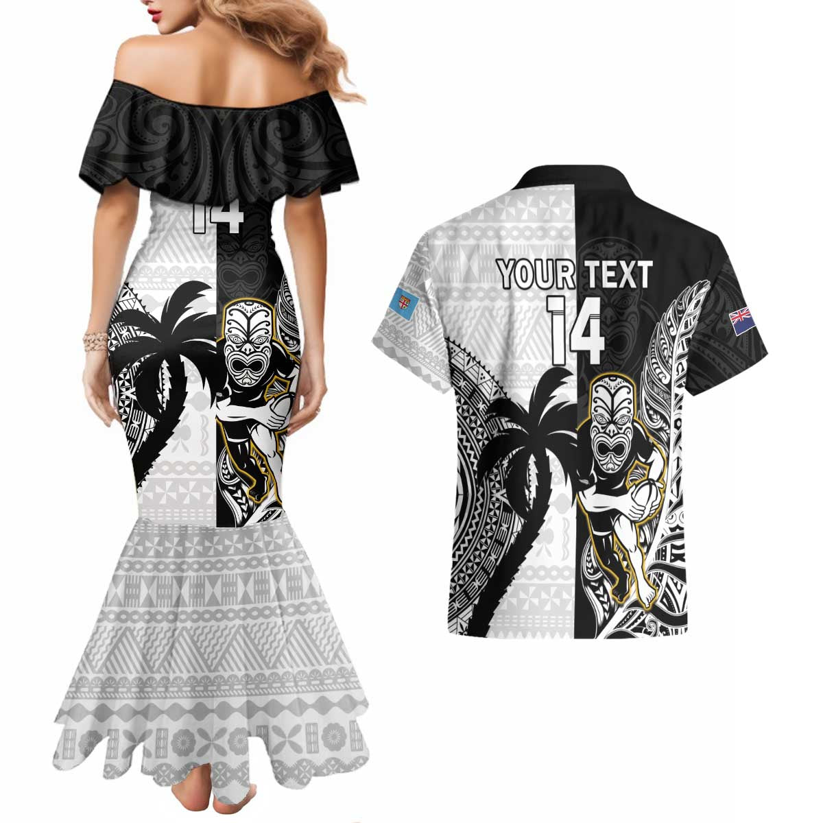 Custom Fiji And New Zealand Rugby Couples Matching Mermaid Dress and Hawaiian Shirt Aotearoa Silver Fern Mix Fijian Tapa Pattern LT14 - Polynesian Pride