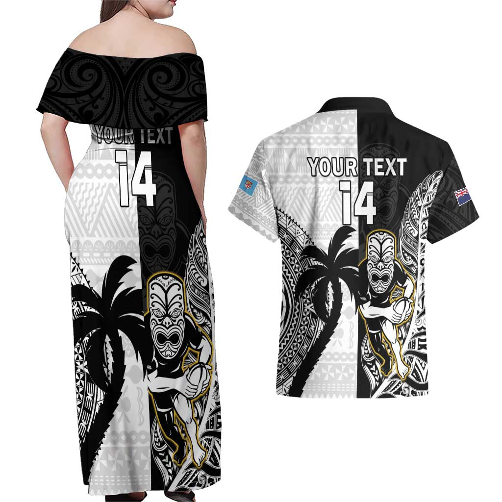 Custom Fiji And New Zealand Rugby Couples Matching Off Shoulder Maxi Dress and Hawaiian Shirt Aotearoa Silver Fern Mix Fijian Tapa Pattern LT14 - Polynesian Pride