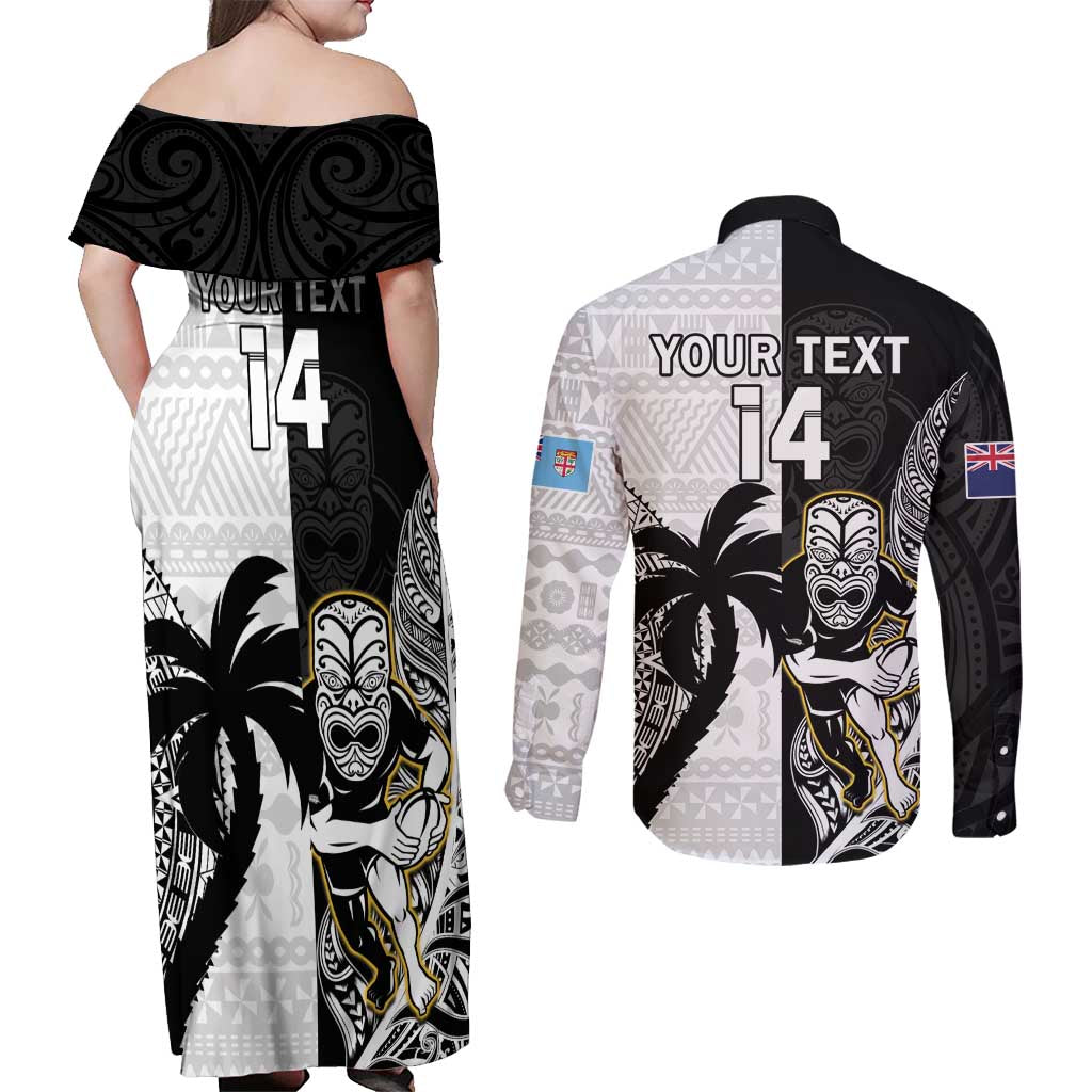 Custom Fiji And New Zealand Rugby Couples Matching Off Shoulder Maxi Dress and Long Sleeve Button Shirt Aotearoa Silver Fern Mix Fijian Tapa Pattern LT14 - Polynesian Pride