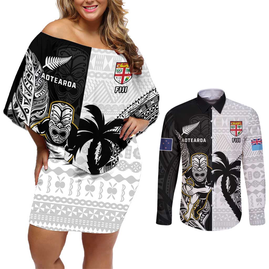 Custom Fiji And New Zealand Rugby Couples Matching Off Shoulder Short Dress and Long Sleeve Button Shirt Aotearoa Silver Fern Mix Fijian Tapa Pattern LT14 Black - Polynesian Pride