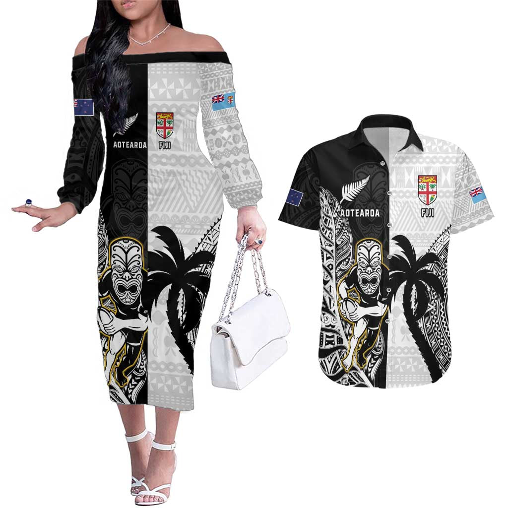 Custom Fiji And New Zealand Rugby Couples Matching Off The Shoulder Long Sleeve Dress and Hawaiian Shirt Aotearoa Silver Fern Mix Fijian Tapa Pattern LT14 Black - Polynesian Pride