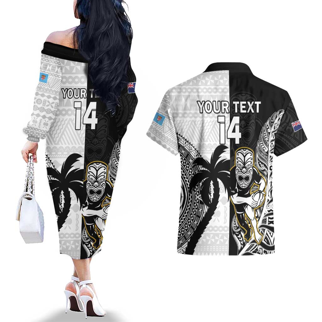 Custom Fiji And New Zealand Rugby Couples Matching Off The Shoulder Long Sleeve Dress and Hawaiian Shirt Aotearoa Silver Fern Mix Fijian Tapa Pattern LT14 - Polynesian Pride