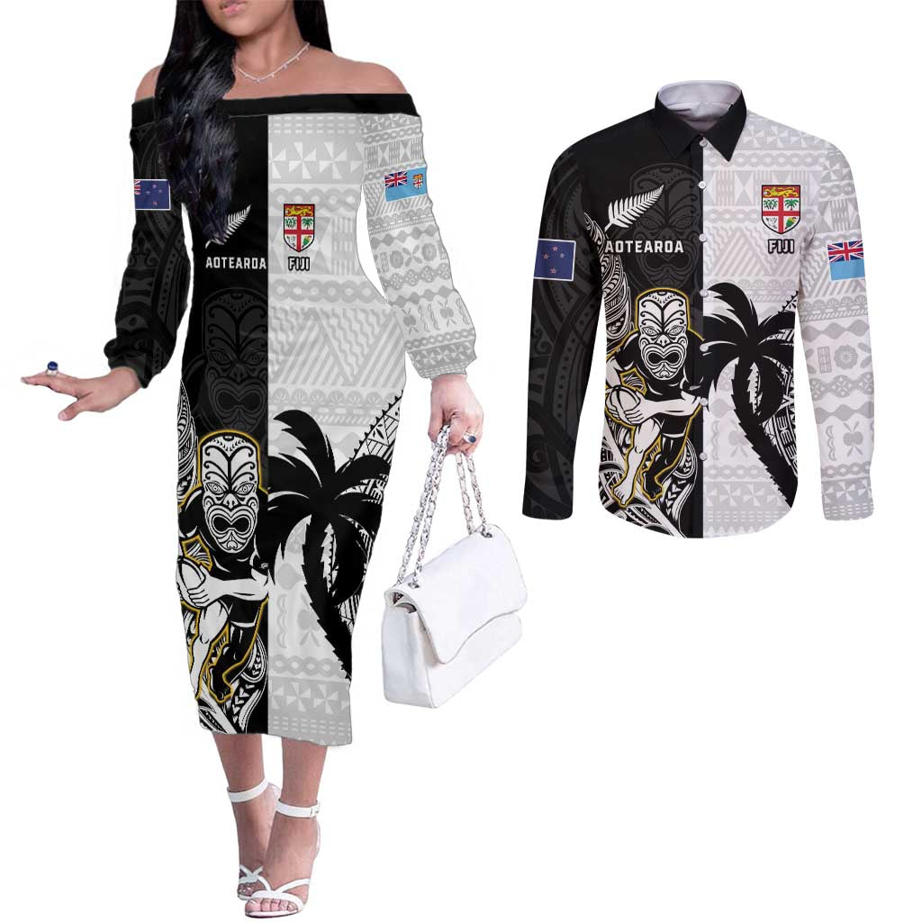 Custom Fiji And New Zealand Rugby Couples Matching Off The Shoulder Long Sleeve Dress and Long Sleeve Button Shirt Aotearoa Silver Fern Mix Fijian Tapa Pattern LT14 Black - Polynesian Pride