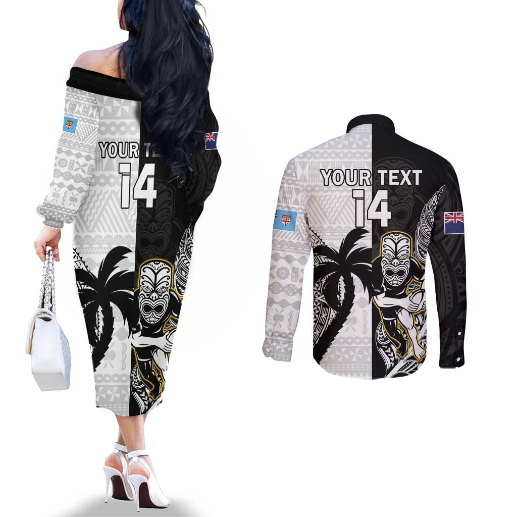Custom Fiji And New Zealand Rugby Couples Matching Off The Shoulder Long Sleeve Dress and Long Sleeve Button Shirt Aotearoa Silver Fern Mix Fijian Tapa Pattern LT14 - Polynesian Pride